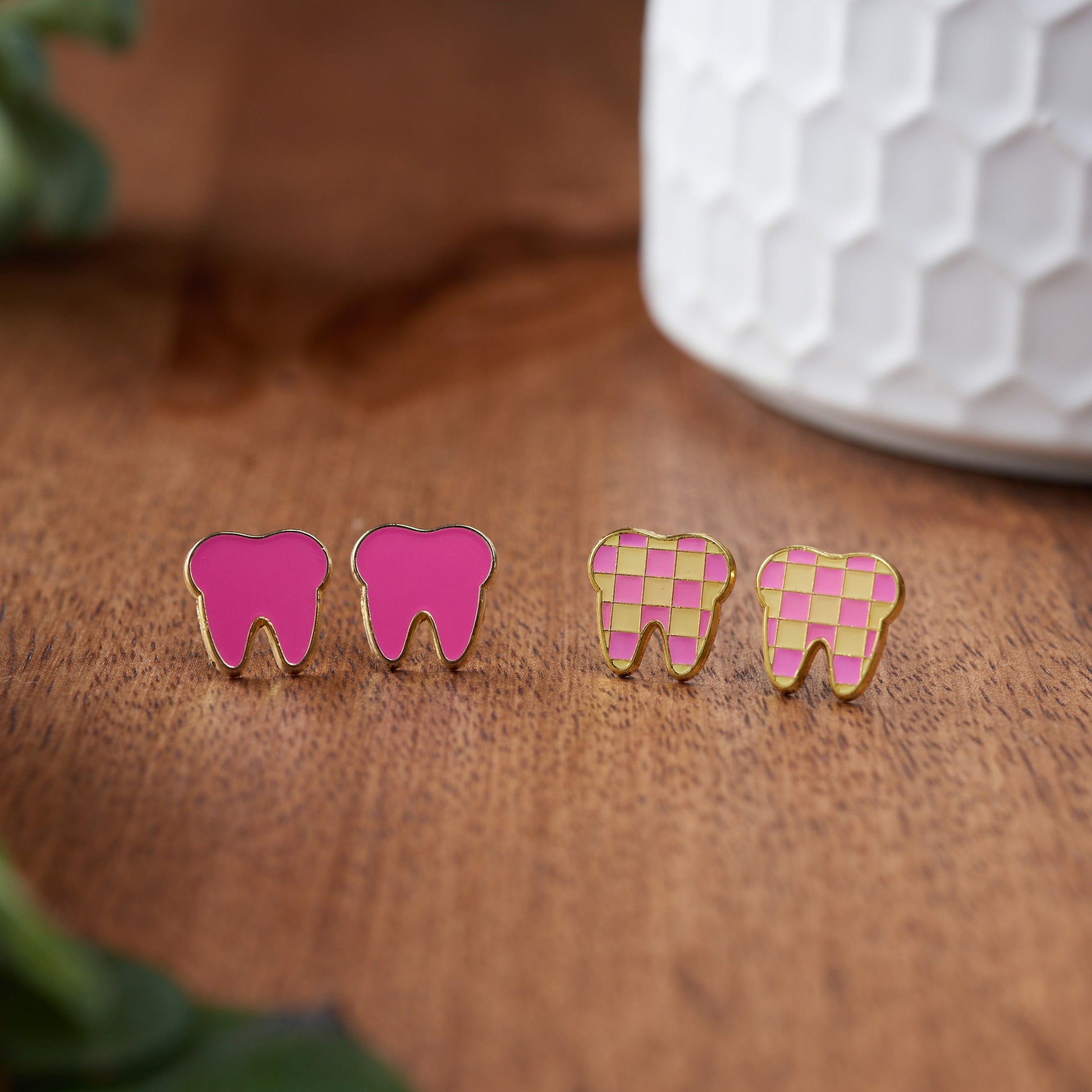 PINK & PINK CHECKERED | Enamel Combo Set | Tooth Earrings | Single Set | Dental Hygienist, Dental Assistant, Dentist, Student, Dental Gift