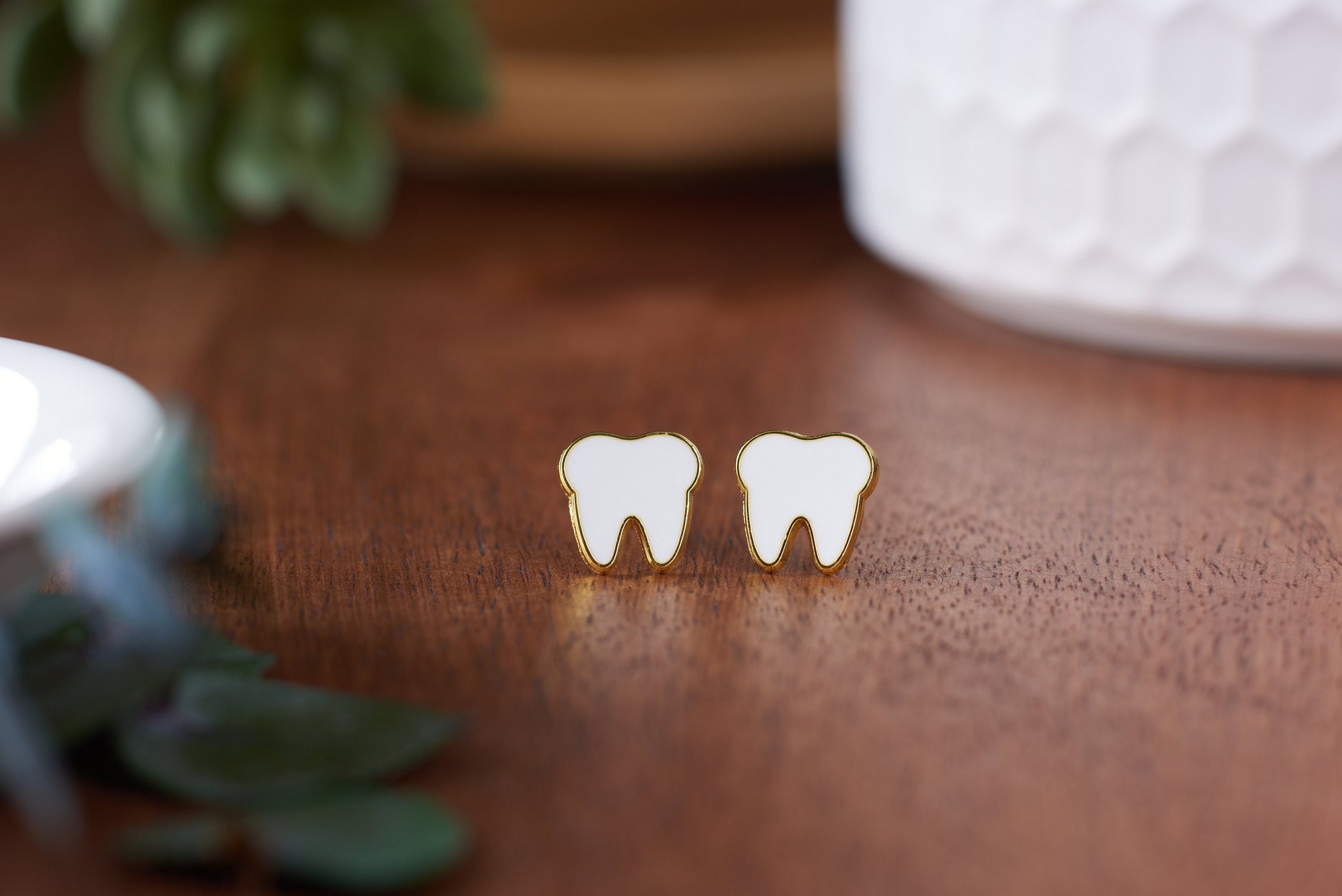 WHITE | Gold | Enamel | Tooth Earrings | Single Set | Dental Hygienist, Dental Assistant, Dentist, Student, Dental Gift