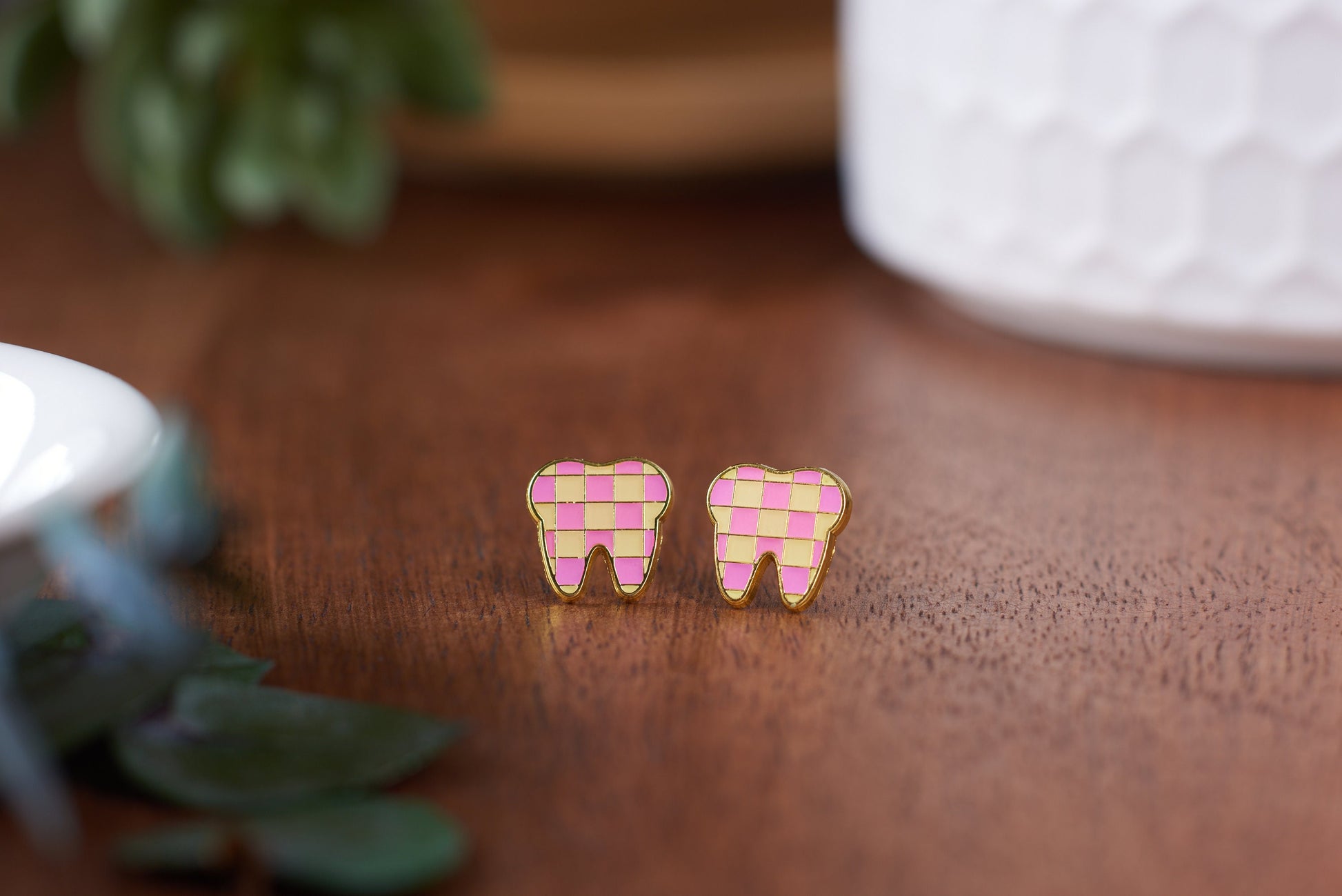 PINK CHECKERED | Enamel | Tooth Earrings | Single Set | Dental Hygienist, Dental Assistant, Dentist, Student, Dental Gift