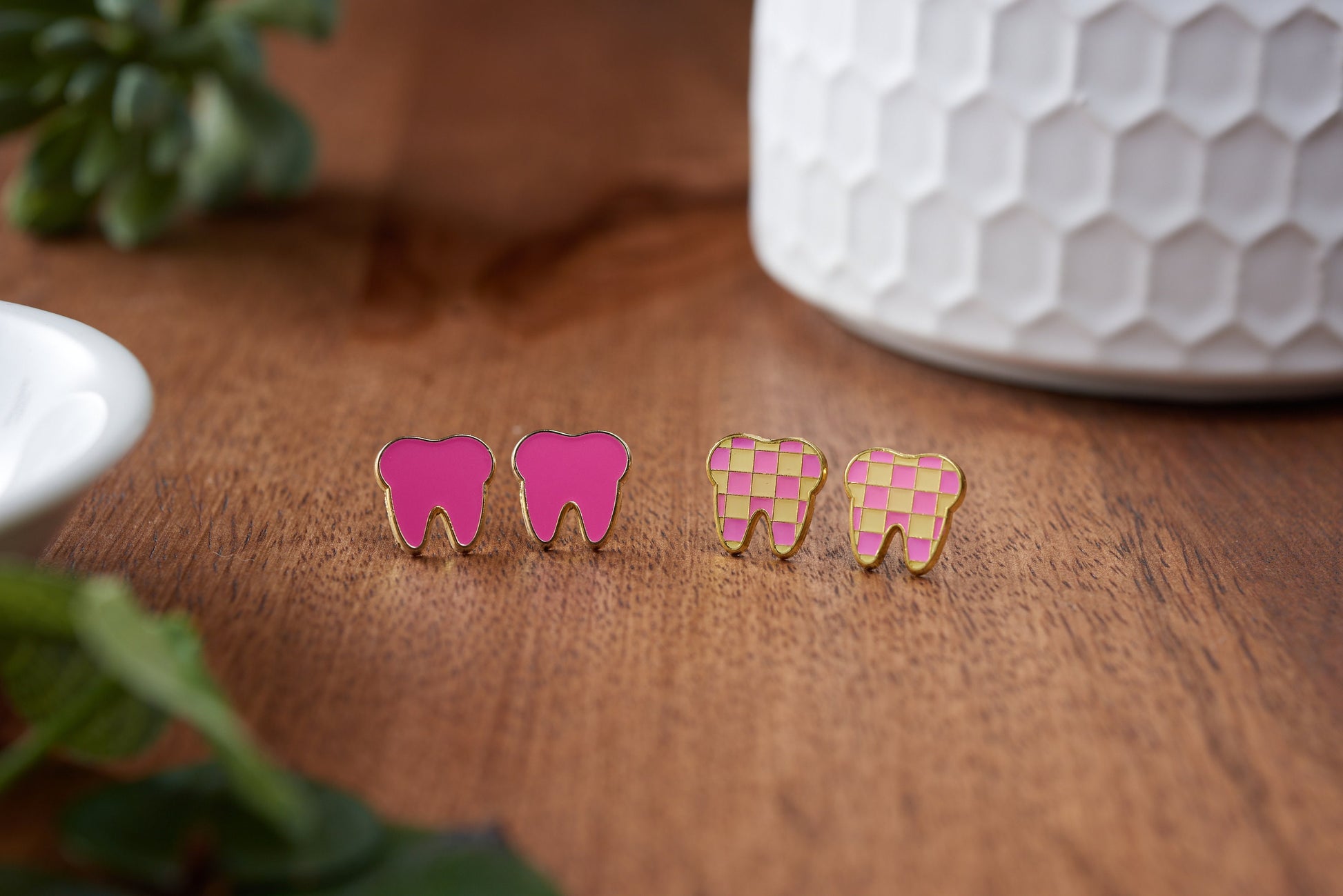 PINK & PINK CHECKERED | Enamel Combo Set | Tooth Earrings | Single Set | Dental Hygienist, Dental Assistant, Dentist, Student, Dental Gift